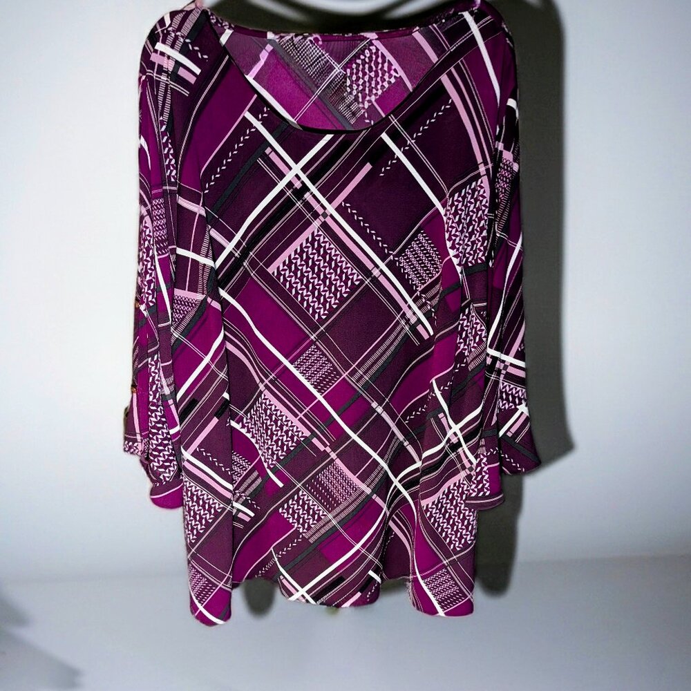 Catherines Plus Size 3X Purple Geometric Plaid Bell Sleeve Blouse Top 26/28W
